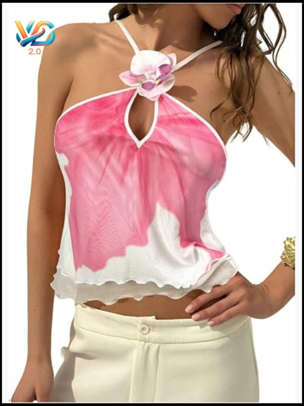 3D Floral Cami Top Spaghetti Strap Layered Mesh Summer Tank Pleated Trim